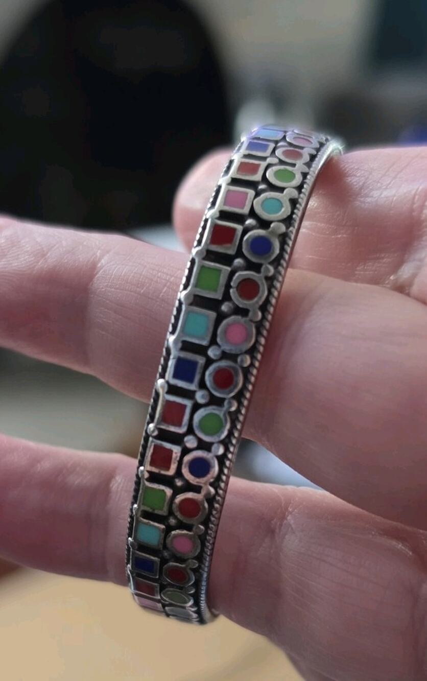 Southwestern cuff bracelet 925 Sterling silver multi-color stone mosaic 6.75"EUC